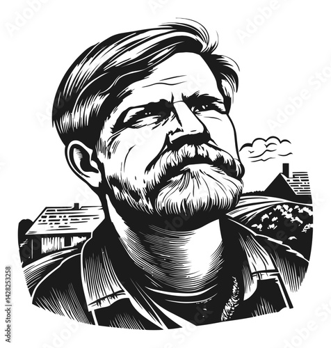 Hand-Drawn Linocut Style Portrait of a Thoughtful Man