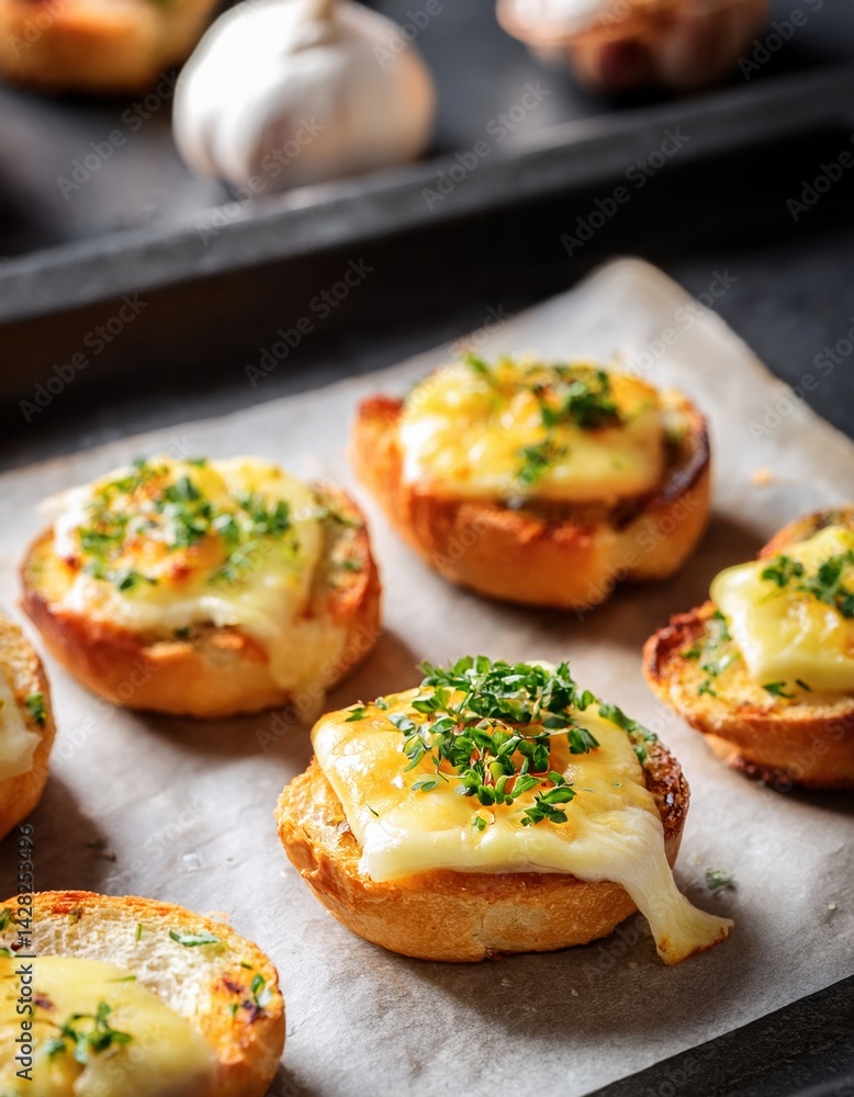 Delicious cheesy garlic bread with fresh herbs on baking tray Delicious cheesy garlic bread with fresh herbs on baking tray