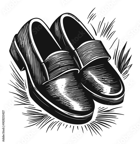 Hand-Drawn Linocut Style of Classic Black Shoes on Grass Background