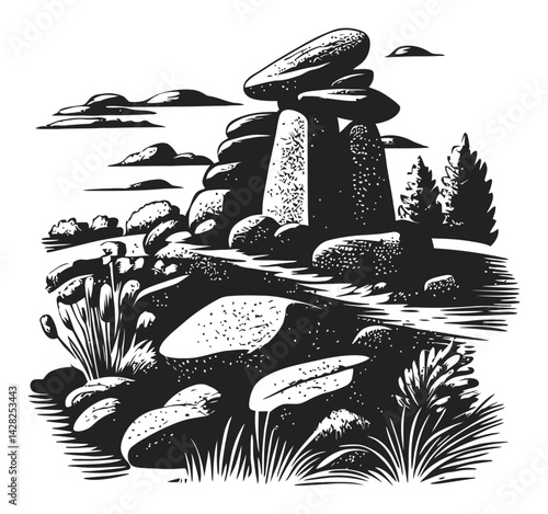 Hand-Drawn Linocut Style Illustration of Stone Henge Landscape