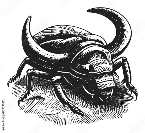 Hand Drawn Linocut Style Illustration of a Beetle with Horns