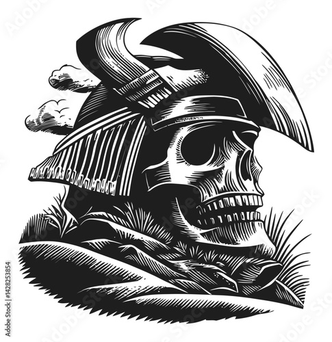 Hand-Drawn Linocut Skull with Helm and Dramatic Features