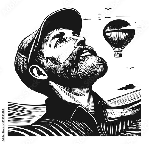 Man with Beard Looking Up at Hot Air Balloon in Linocut Style