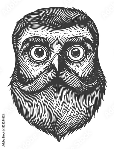 Hand-Drawn Vintage Owl with Mustache in Linocut Style
