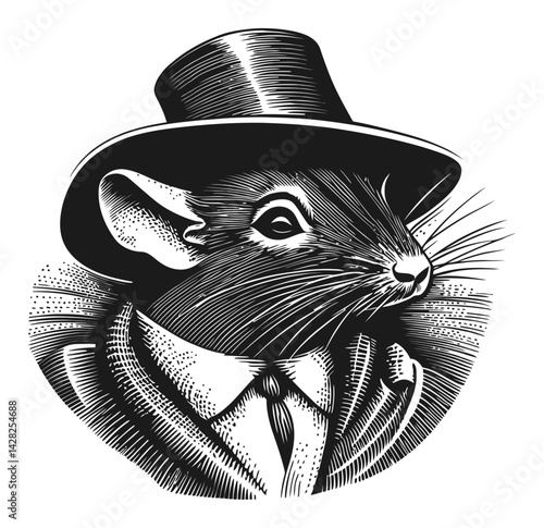 Elegant Mouse in Hat and Suit, Hand-Drawn Linocut Style Artwork
