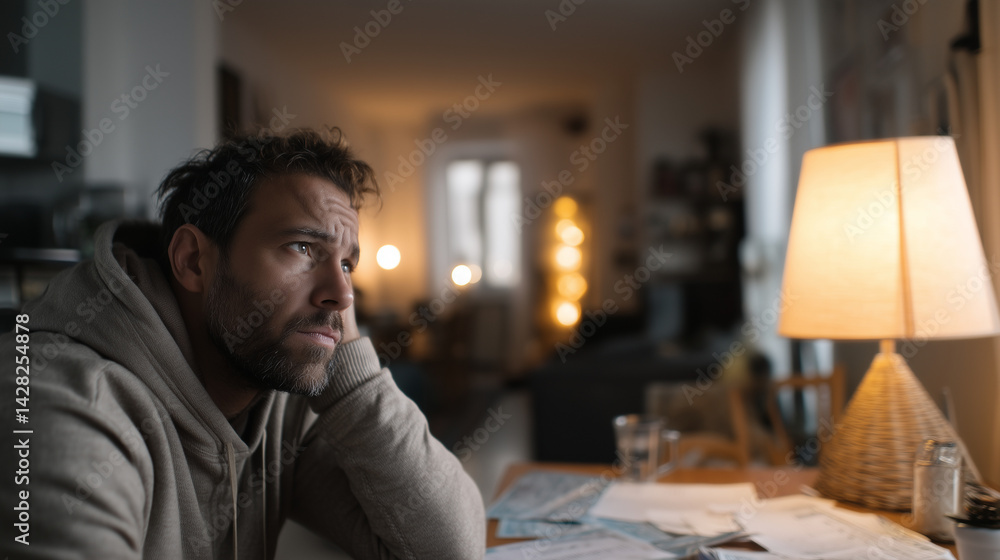 Fototapeta premium A tired man sits alone in a dimly lit apartment with minimal furniture. Unpaid bills lie scattered on the table. Shadows from a single lamp highlight his worried expression and muted surroundings.