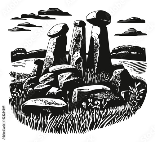 Hand-Drawn Linocut Style Illustration of Ancient Stone Structure