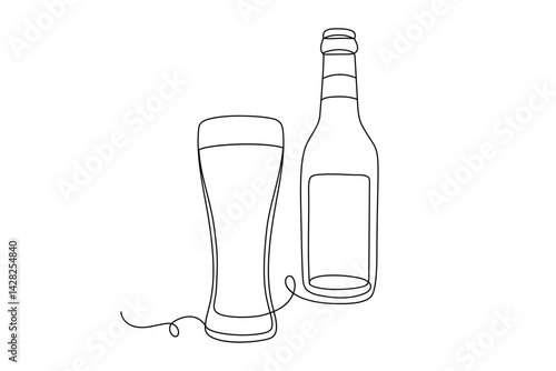 Beer Bottle and Glass Set. Continuous One Line Vector Drawing.