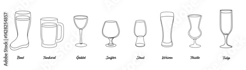 Beer Glassware Set: Boot, Snifter, Goblet, and More. Line Art.