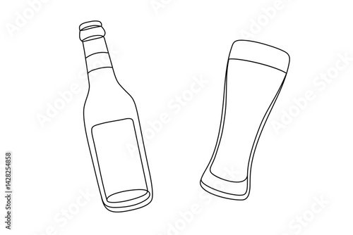 Beer Bottle and Glass Set. One Continuous Line Minimalist Illustration