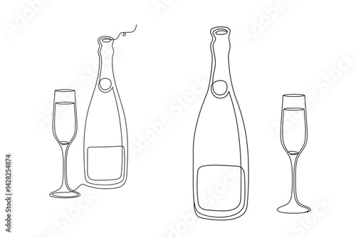 Champagne Bottle and Glass. One Continuous Line Vector Drawing.