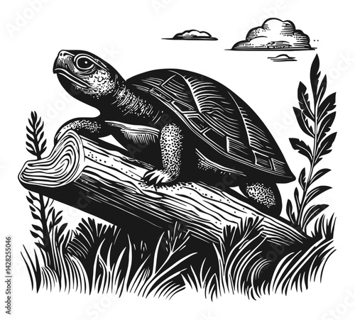 Hand Drawn Linocut Style Turtle on Log with Natural Elements