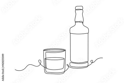 Whiskey Bottle and Glass. One Continuous Line Vector Illustration.