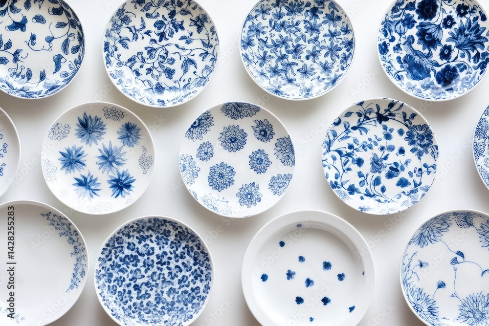 Blue and white floral patterned plates arranged on white background. Blue and white floral patterned plates arranged on white background.