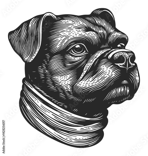 Hand-Drawn Linocut Style Portrait of a Bulldog with Detailed Features