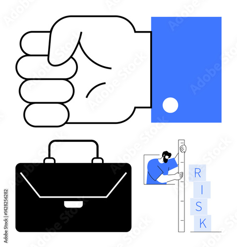 Fist representing strength, black briefcase symbolizing business, man measuring risk blocks. Ideal for leadership, business strategy, risk management, strength, teamwork, corporate planning simple