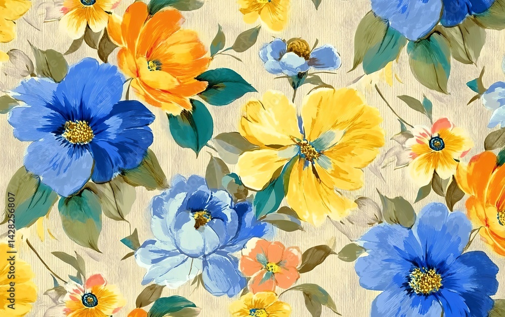 floral pattern with blue, orange, yellow, and white flowers on beige background floral pattern with blue, orange, yellow, and white flowers on beige background