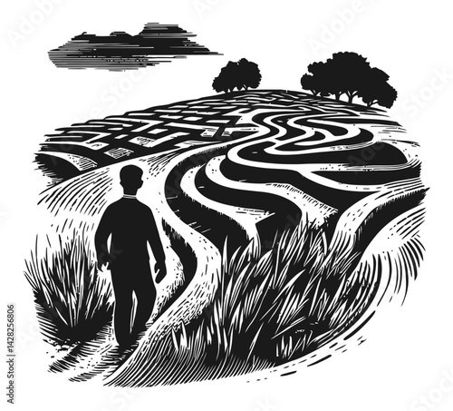 Hand-Drawn Linocut Landscape with Figure Walking Through Terrain