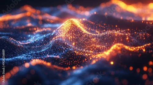 Abstract representation of waves created with glowing particles in blue and orange hues.