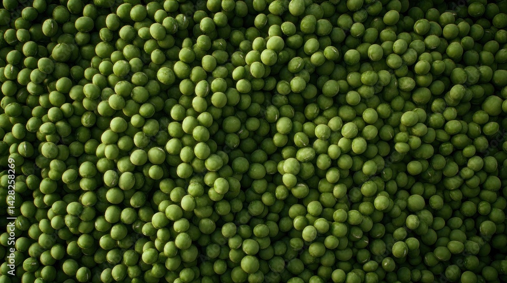 A close-up view of numerous green peas clustered together. A close-up view of numerous green peas clustered together.