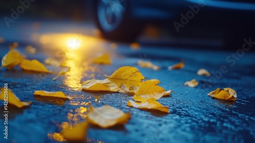Wet pavement with yellow leaves scattered, reflecting light from a nearby source.
