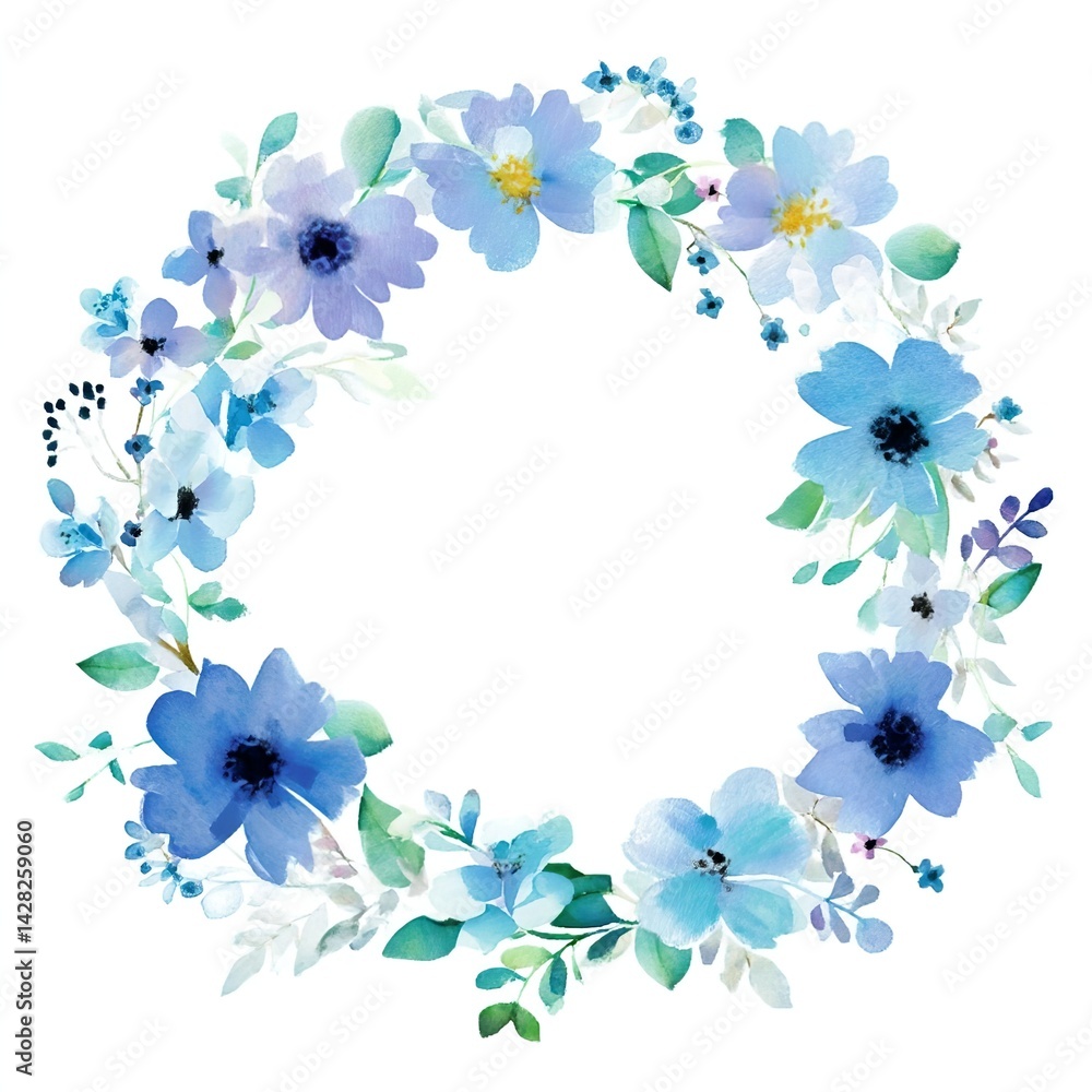 Fototapeta premium Watercolor floral wreath with blue and purple flowers and green leaves on white background