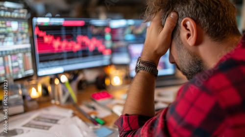 A stressed investor in frustration and anxious, staring at crashing red stock charts and scattered paper in office. High tension, financial loss, market panic and wrong investment and trading decision