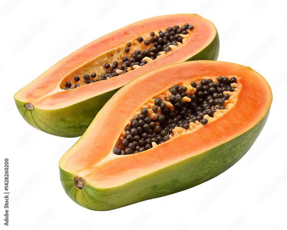 papaya cut in half with seeds visible isolated on white background, PNG papaya cut in half with seeds visible isolated on white background, PNG