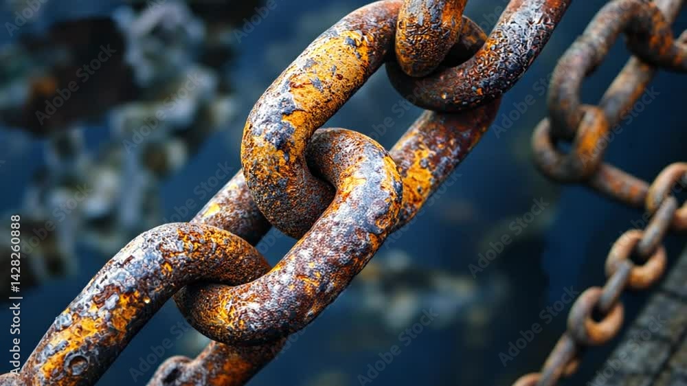 Rusty metal chain links intertwined against a blurred blue background, showcasing weathering effects Rusty metal chain links intertwined against a blurred blue background, showcasing weathering effects