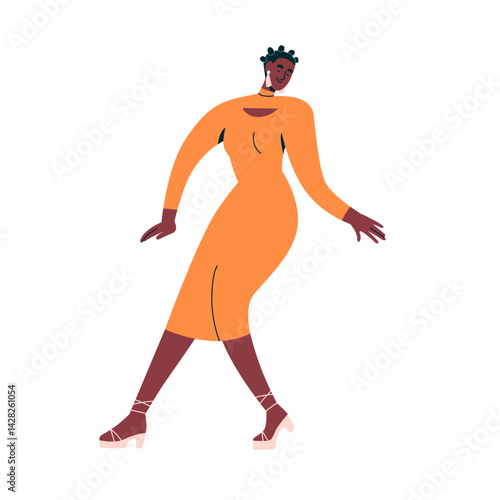 Dancing woman. Happy smiling female in dress, energetic movement to music at ...