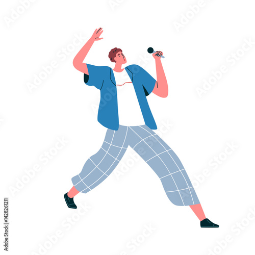Man with microphone in hand, singing with passion. Young vocalist holding mic...