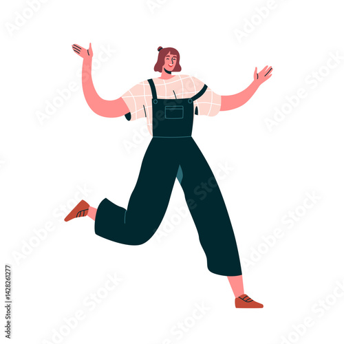 Happy excited woman celebrating with joy. Energetic young female character da...
