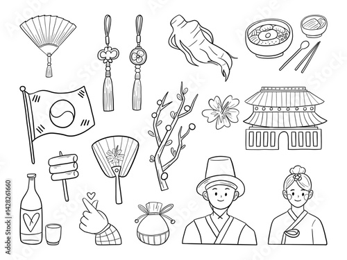 Hand Drawn Korean Culture Icon Line Art. A curated set of 16 hand drawn Korean cultural elements, including food, hanbok, cherry blossoms, and gestures in clean line art style perfect for stickers