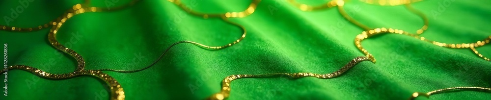 Fototapeta premium Stylish backdrop of shimmering gold lines on lush green surface, shimmering, gold