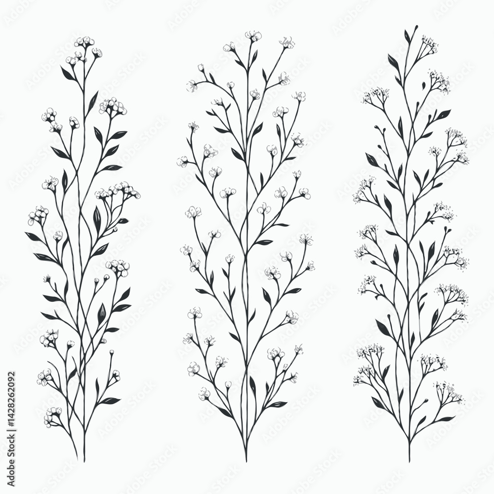 Hand drawn wild flowers Botanical drawing. line art grasses, stems illustration. Black and White Meadow herbs. Herbaceous blooming plants. Set of outline doodle floral sketch Leaves Hand drawn wild flowers Botanical drawing. line art grasses, stems illustration. Black and White Meadow herbs. Herbaceous blooming plants. Set of outline doodle floral sketch Leaves