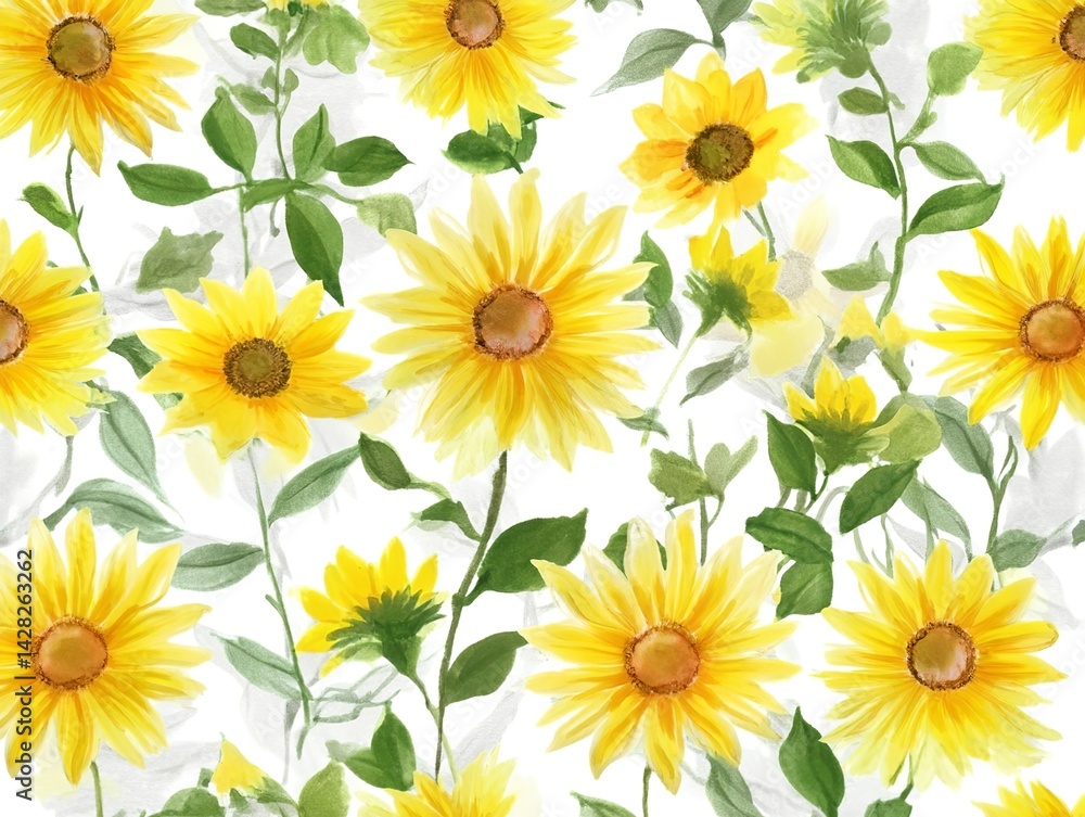 pattern of bright yellow sunflowers with green leaves on white background pattern of bright yellow sunflowers with green leaves on white background