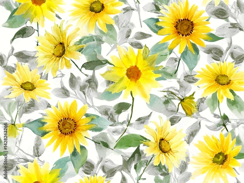 pattern of bright yellow sunflowers with green leaves on white background pattern of bright yellow sunflowers with green leaves on white background