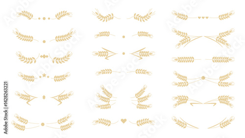Set of dividers from ears of cereal crops. Natural spikelet design element. Frame or separators from ears of wheat, rye, barley, oats, millet. Vector graphics, clip art