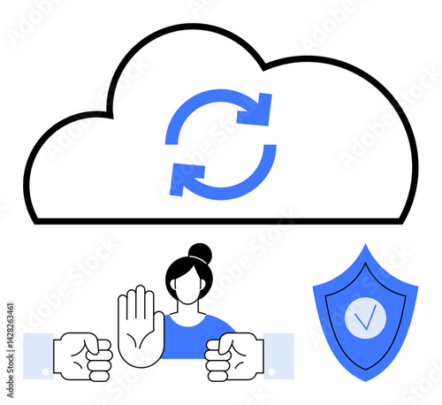 Cloud with sync symbol, woman halting unwanted actions, shield with a checkmark. Ideal for cloud storage, data sharing, cybersecurity, privacy, user control, backup systems simple landing page