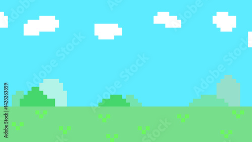 ロールプレイングゲーム風の空と草原のドット絵の背景イラスト