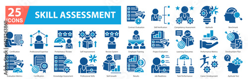 Skill Assesment Icon Sheet contract evaluation, employee training, results, skill verification, competency assessment, aptitude, benchmark, certification, professional expertise, performance review