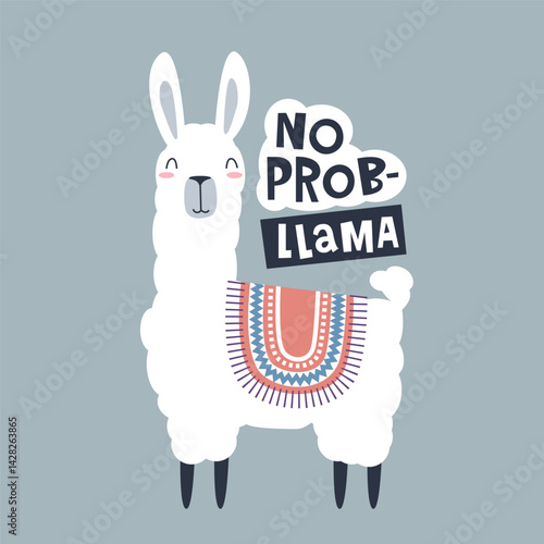 Cute llama with lettering No Problem Memes. Childish and playful background Vector illustration for textile, kids apparel, book cover, background and others