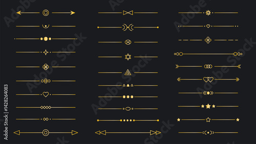 Set of golden text dividers. Minimalistic borders and separators for text documents, cards, wedding invitations. Simple decorative graphic elements, vector