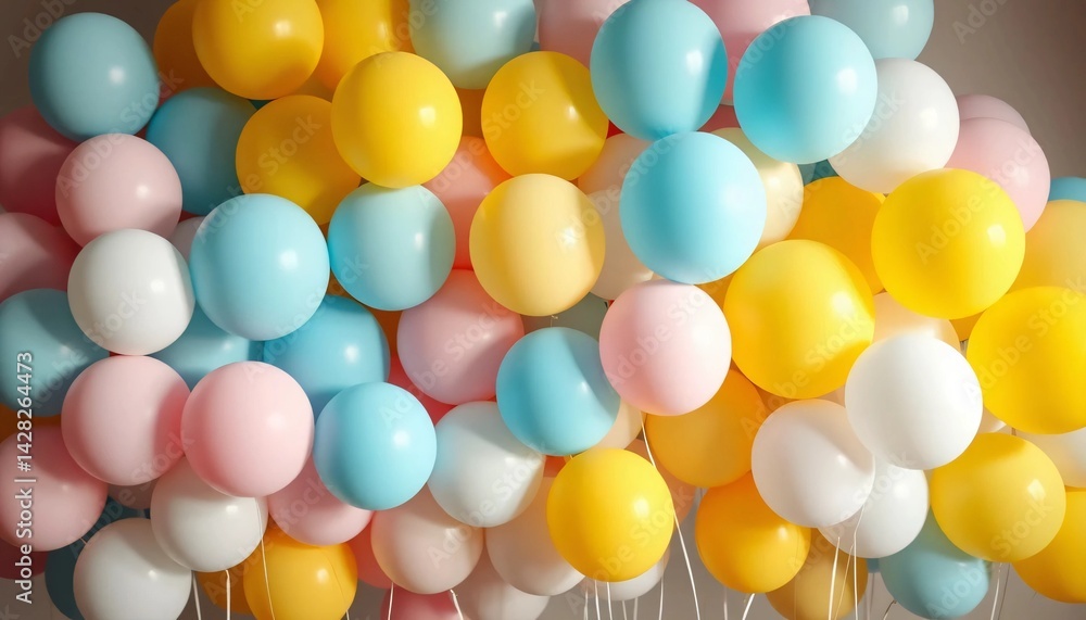 A Vibrant Cluster of Yellow, Blue, Pink, and White Balloons Creating a Festive Atmosphere
A Vibrant Cluster of Yellow, Blue, Pink, and White Balloons Creating a Festive Atmosphere
