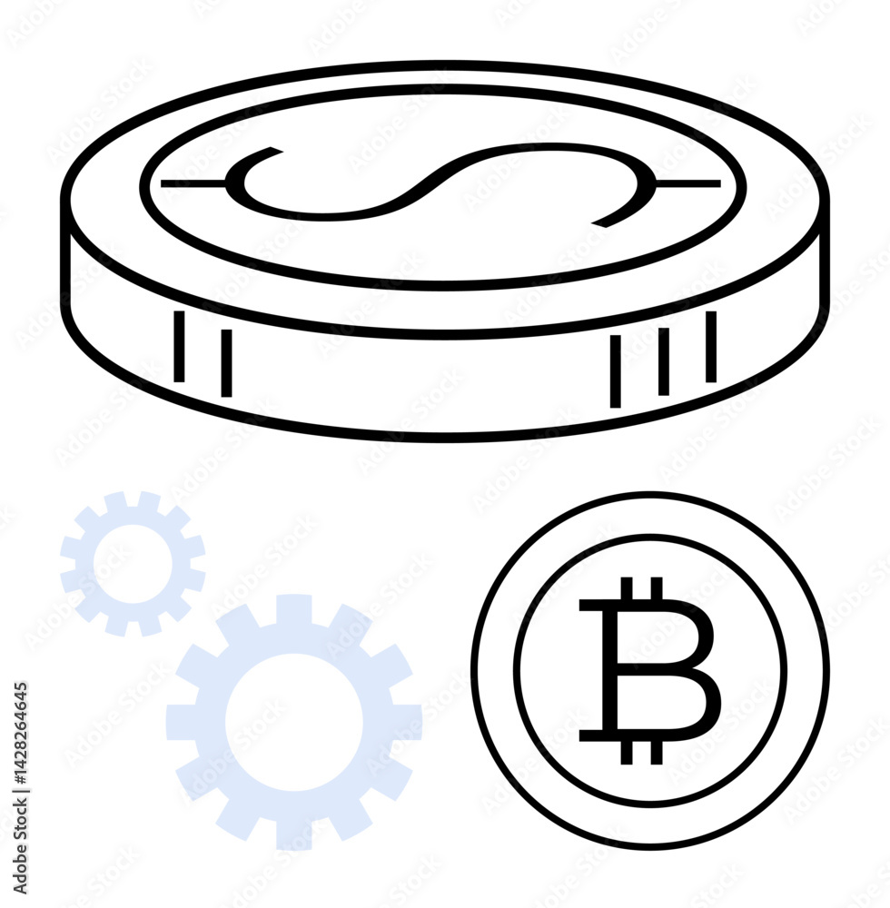 Dollar and Bitcoin coins beside gears symbolizing cryptocurrency, digital economy, blockchain, fintech advancement, financial growth, decentralized systems, and innovative technology. Ideal Dollar and Bitcoin coins beside gears symbolizing cryptocurrency, digital economy, blockchain, fintech advancement, financial growth, decentralized systems, and innovative technology. Ideal
