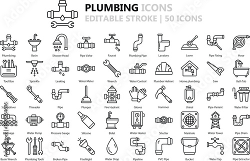 Plumbing Icon Set: 50 Precision Outline Vector Icons in Black (EPS Included)