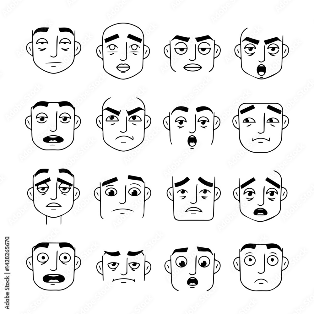 Fototapeta premium Collection of sixteen cartoon faces with different expressions in black and white line art style