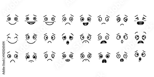 A collection of cartoon faces displaying various emotions in a simple black and white illustration style