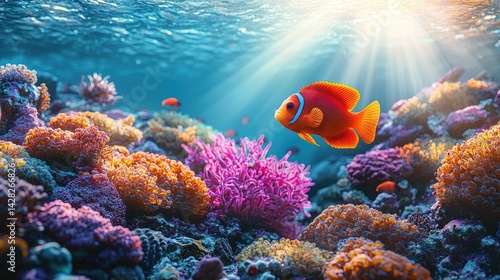 Wallpaper Mural A vibrant orange fish swims above a colorful coral reef Torontodigital.ca