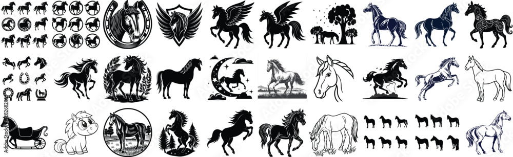 Fototapeta premium Extensive Collection of Black Horse Silhouettes and Designs
